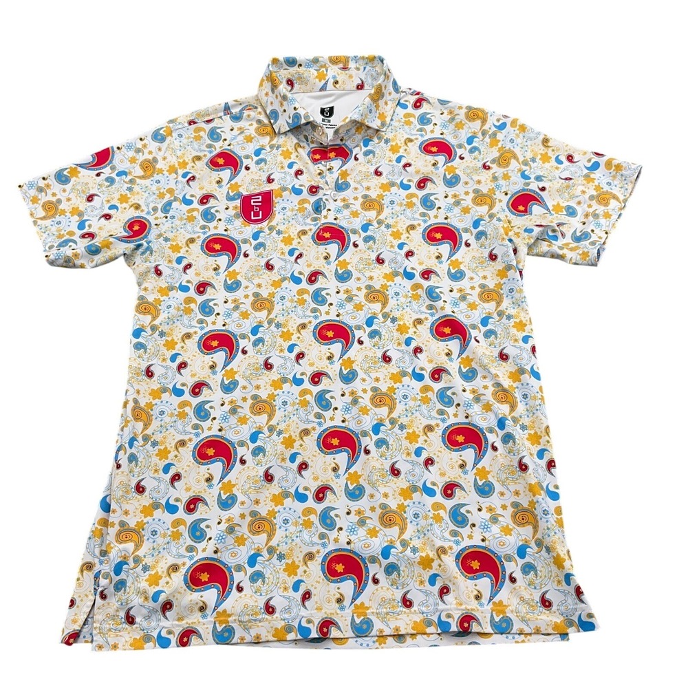 2BU Shirt Men Medium White Red Multi Paisley Floral Golf Logo Resort Stretch